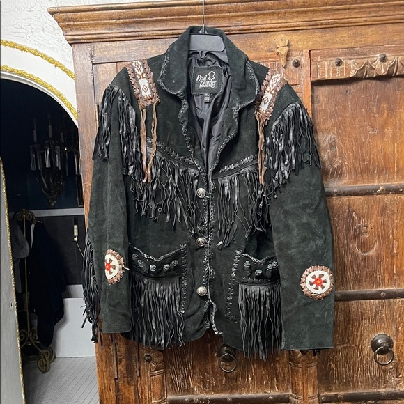 Western Fringed Suede Leather Native Beaded Jacket Size XL - Picture 1 of 13